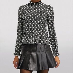 Sandro Paris smocked Blouse Black White High Neck Designer Top